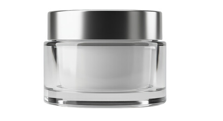 A clear, square glass jar with a silver lid, filled with white cream, presented on a white background.