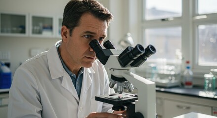 Intense focus male scientist analyzing sample with microscope inside modern laboratory