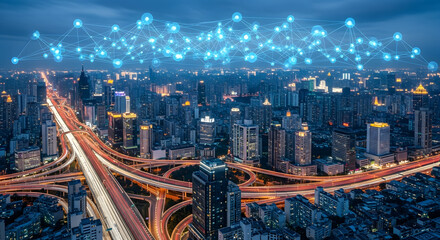 Aerial view of a vibrant cityscape at night with busy highway intersections and buildings, overlaid with a bright digital network grid, signifying urban connectivity.