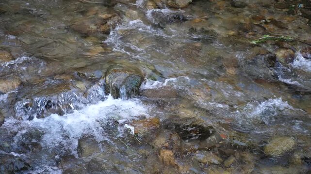Rapid mountain stream flowing over stones. Natural outdoor scene with moving water.