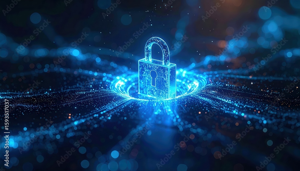 Aufkleber futuristic digital security concept featu a glowing blue padlock surrounded by sparkling digital par