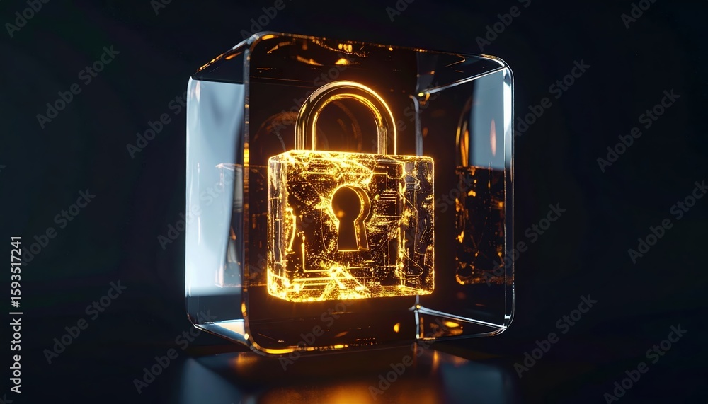 Poster futuristic glowing digital lock representing cybersecurity protection and data security with illumin