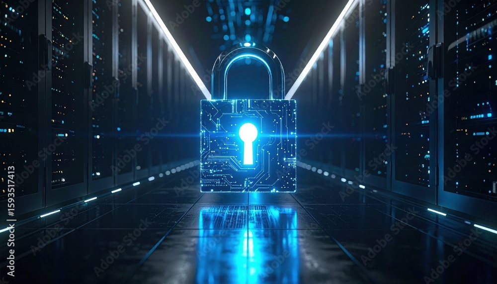 Poster futuristic digital security concept featu a glowing digital padlock surrounded by a high-tech networ