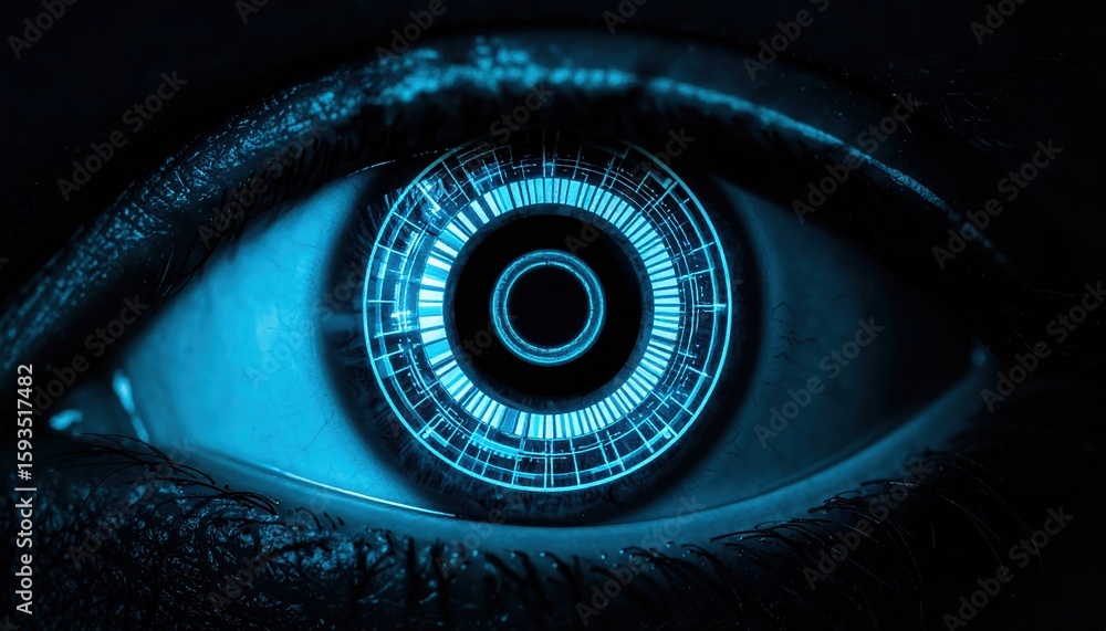 Poster ultra modern blue eye with futuristic digital hud overlay showing technology interface and data visu