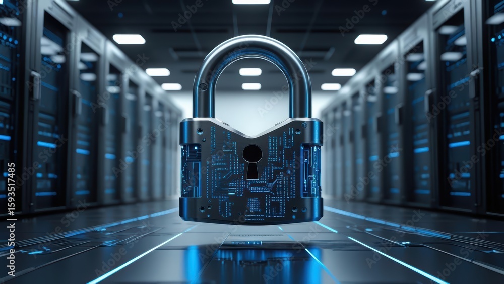 Poster high technology digital security concept with a padlock made of circuit board design in a server roo