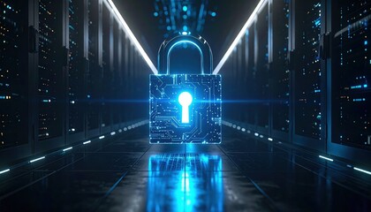 Futuristic digital security concept featu a glowing digital padlock surrounded by a high-tech network with illuminated data streams and a secure cyber environment