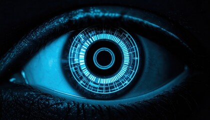 Ultra Modern Blue Eye with Futuristic Digital HUD Overlay Showing Technology Interface and Data Visualization for Conceptual Innovation and Digital Transformation