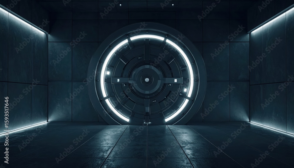 Poster futuristic sci-fi tunnel with glowing circular portal illumination and dark sleek metallic walls in 