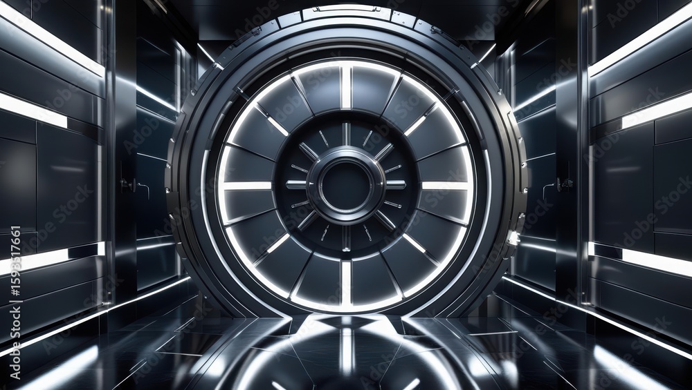 Poster futuristic high-tech circular tunnel with illuminated panels and sleek metallic surfaces in a modern