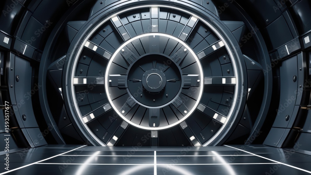 Poster futuristic high-tech metallic bank vault door with intricate mechanical details and glowing illumina
