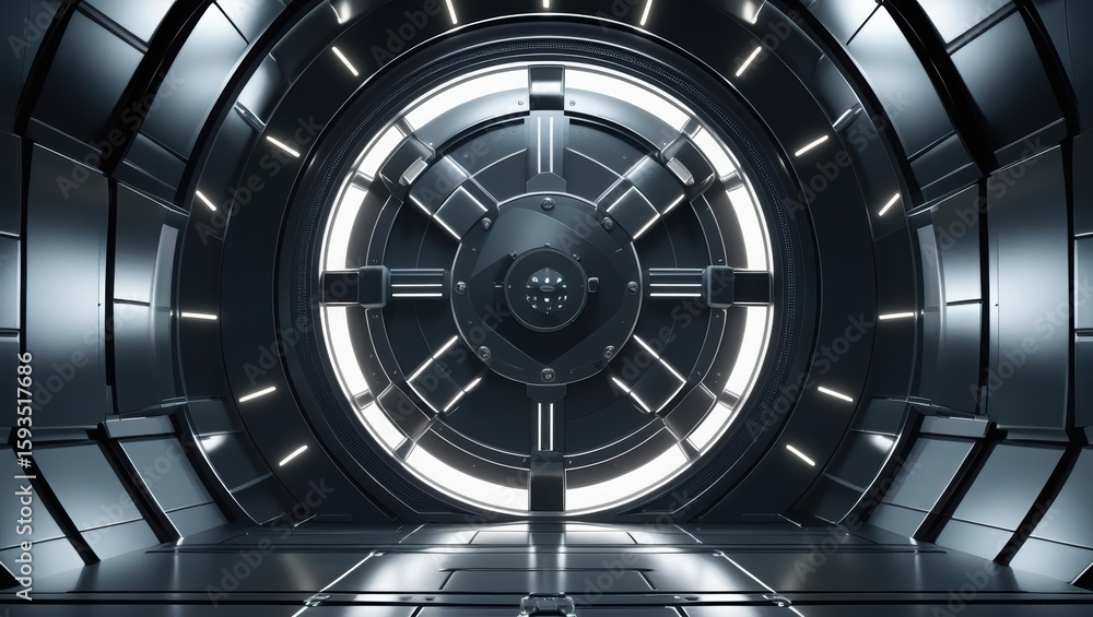 Poster futuristic high-tech tunnel with illuminated circular passageway and sleek metallic surfaces creatin