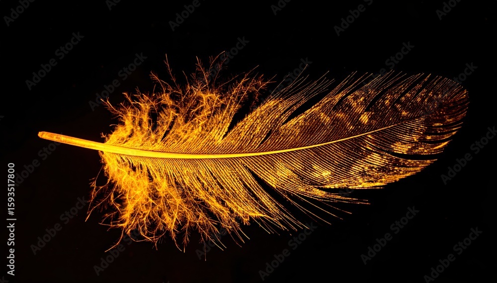 Poster close-up of a glowing golden feather with fiery details on a black background illustrating light ref