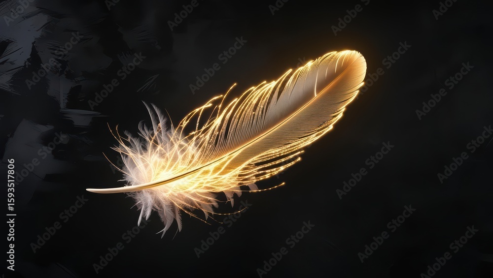 Poster close-up of a single detailed golden feather with soft light reflections and dark background highlig
