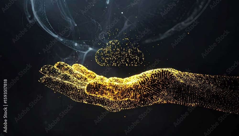 Poster abstract golden glowing hand made of particles with sparkles pou out into dark background symbolizin
