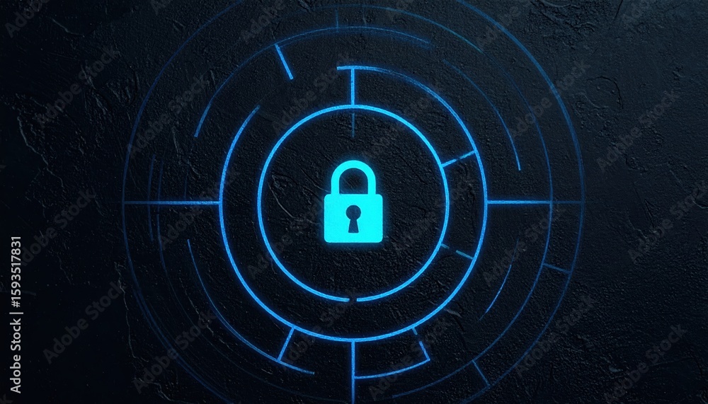 Poster digital security lock icon with blue cyber network background representing data protection and cyber