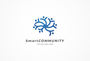 Brain Logo, brain and human group symbol of smart community combination, flat design logo template, vector illustration