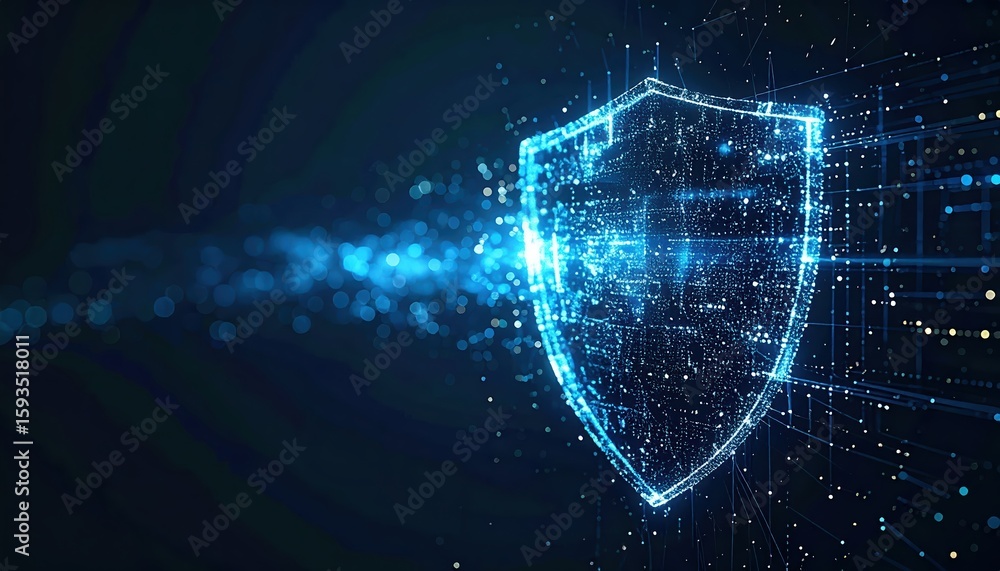 Poster digital security shield representing cybersecurity protection with glowing blue lines and particles 
