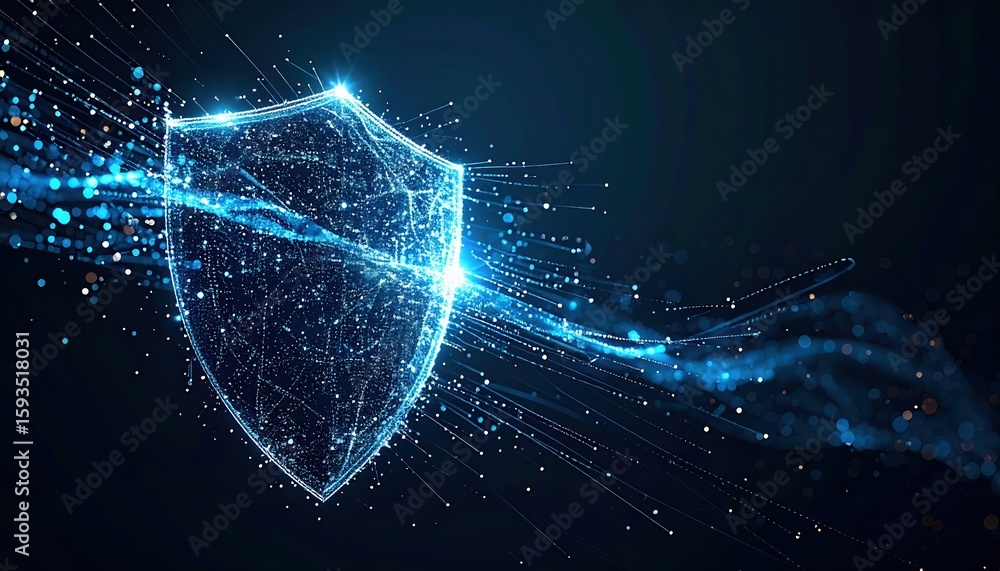 Poster digital security shield abstract illustration with glowing line network and data flow representing c