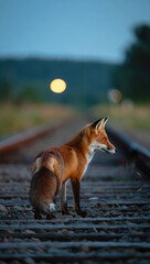 Fox on railway track, twilight scene, wild animal in human space, rural transition, wildlife moment, transportation conflict, adaptive predator, solitude in motion path, nature and infrastructure