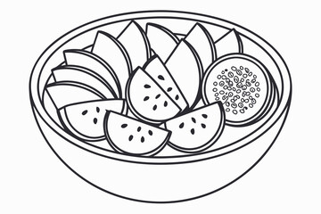 Minimalist line art tropical fruit bowl outline black and white