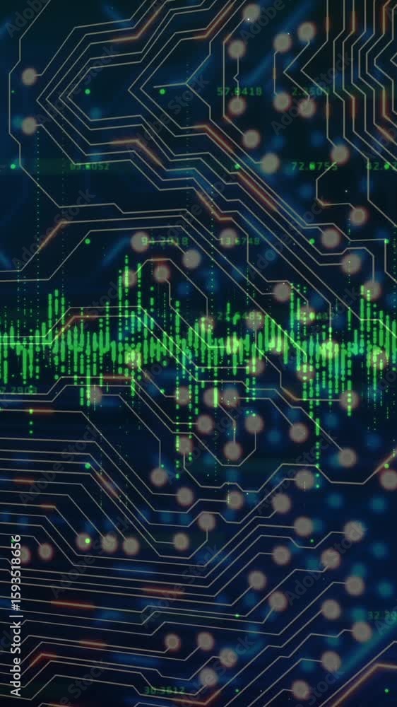 Poster animation of financial data processing over computer circuit board on black background