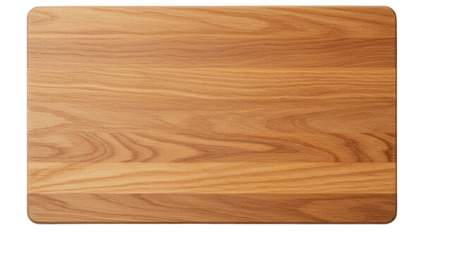 A close-up shot of a rectangular wooden cutting board with visible wood grain patterns against a white background.