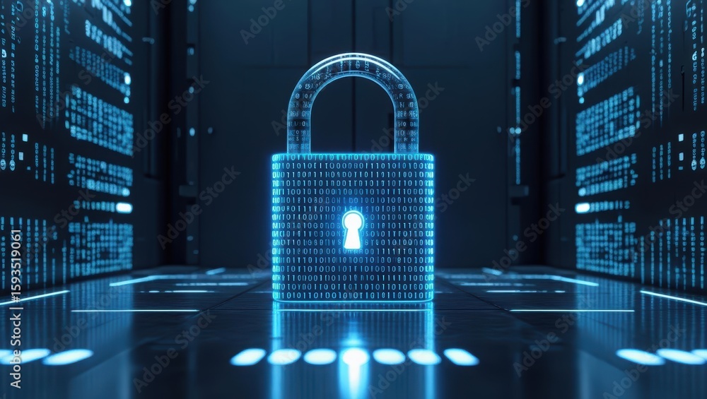 Poster digital security lock icon in a high technology cybersecurity data center with glowing blue elements