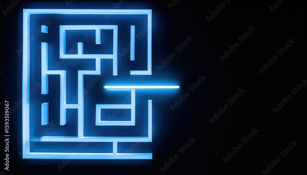 Poster illuminated neon maze with glowing blue lines forming intricate pathways and enclosed sections, crea