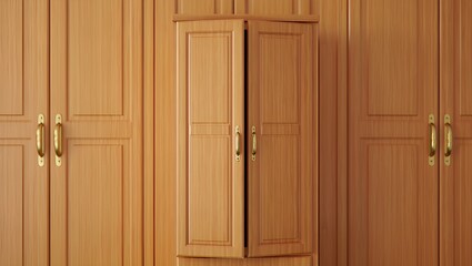 Fototapeta premium Warm light highlights the natural wood grain of a built-in wardrobe with doors slightly open.