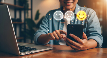 Customer service evaluation concept, Asian man pressing virtual smiley icon, mobile feedback, satisfaction survey, digital interaction.