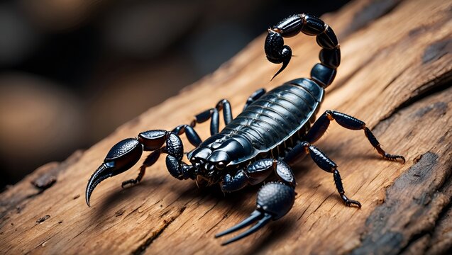 A glossy black scorpion sits menacingly on textured bark, a study of contrasts and dangerous beauty. - Powered by Adobe