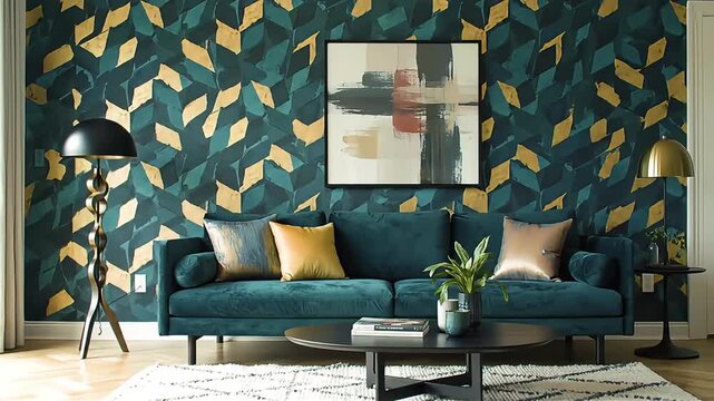 Stylish living room interior with couch and abstract wallpaper decor
