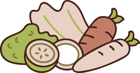 Stylized Vegetable Medley Illustration Featuring Carrots Lettuce Cucumber and Daikon Radish on a Black Background