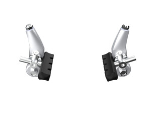 Pair of isolated bicycle brake calipers with black rubber pads, essential cycling equipment for safety. High resolution, detailed bike parts on a PNG Transparent HD Background for easy compositing.
