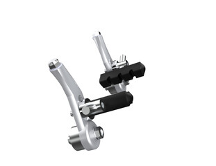 Close-up of a bicycle brake pad with lever, an essential cycling component for speed control and safety, presented on a PNG Transparent HD Background, high-resolution and isolated for design projects.