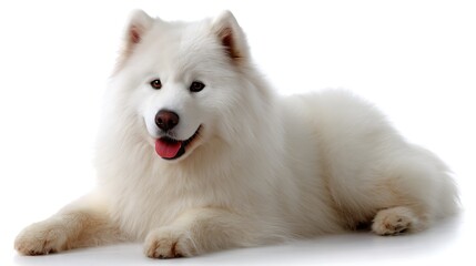 Obraz premium Cute fluffy samoyed dog with joyful expression on white background