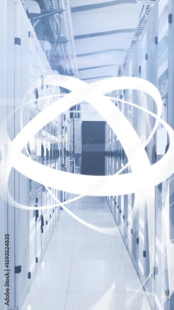 Poster animation of rotating abstract pattern with geometric shape and lens flare over server room