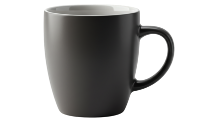 A simple, dark-colored ceramic mug with a rounded shape and a handle, set against a white background.
