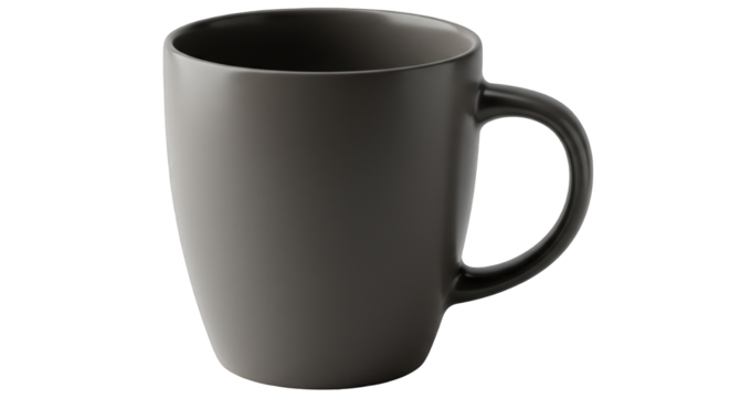 A single, dark gray ceramic mug with a handle, centered on a white background, casting a soft shadow.