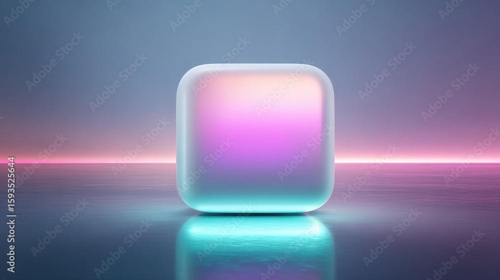 Aufkleber a glowing, rounded cube with a pastel gradient floats above a reflective surface against a soft grad