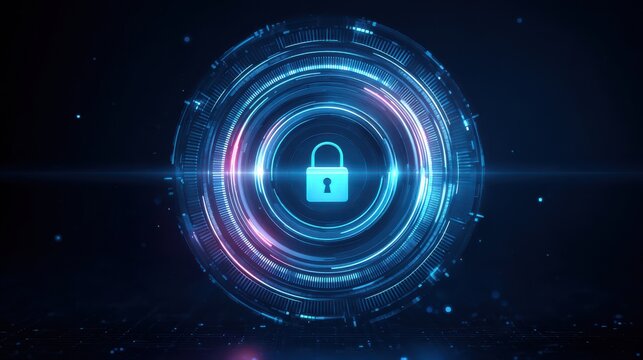Cyber Security Hacking Concept. A digital blue lock icon is centered within a circular futuristic interface, symbolizing cybersecurity and data protection in a high-tech environment.