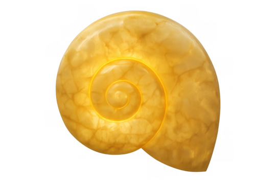 Backlit polished yellow mollusk shell spiraling against transparent background, highlighting intricate marine design and natural texture