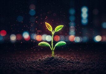 A close-up of a young plant sprouting in soil, with soft, colorful bokeh lights shimmering in the background