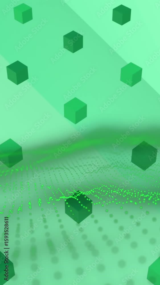 Poster animation of green mesh over rows of abstract shapes pattern on green background