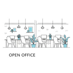 Obraz premium Open office layout with desks, plants, and modern decor