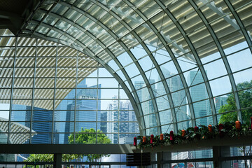 The image shows the interior of a large, modern building