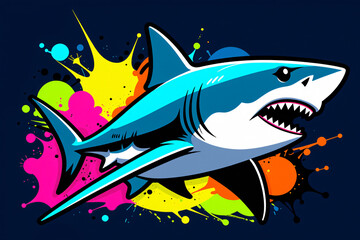 2D vector illustration. Big shark, illustration style, graffiti style, wild and vibrant natural style.