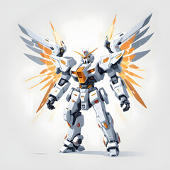Stylized Anime-Inspired Battle Mech with Glowing Wings and Weapons
