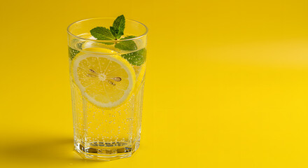 Refreshing Lemon Mint Sparkling Water in a Glass on Bright Yellow Background for Hydration and Summer Refreshment