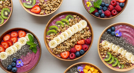 Fototapeta premium Delicious and Bright Fruit Smoothie Bowls Garnished with Sliced Bananas, Berries, Kiwi, and Granola for a Healthy Start